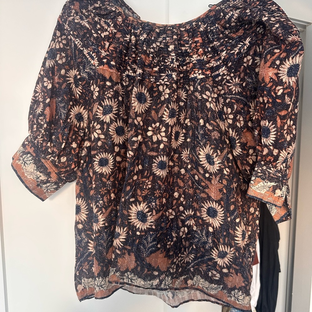 Ulla Johnson Floral Smocked Neck Blouse in Navy and Rust